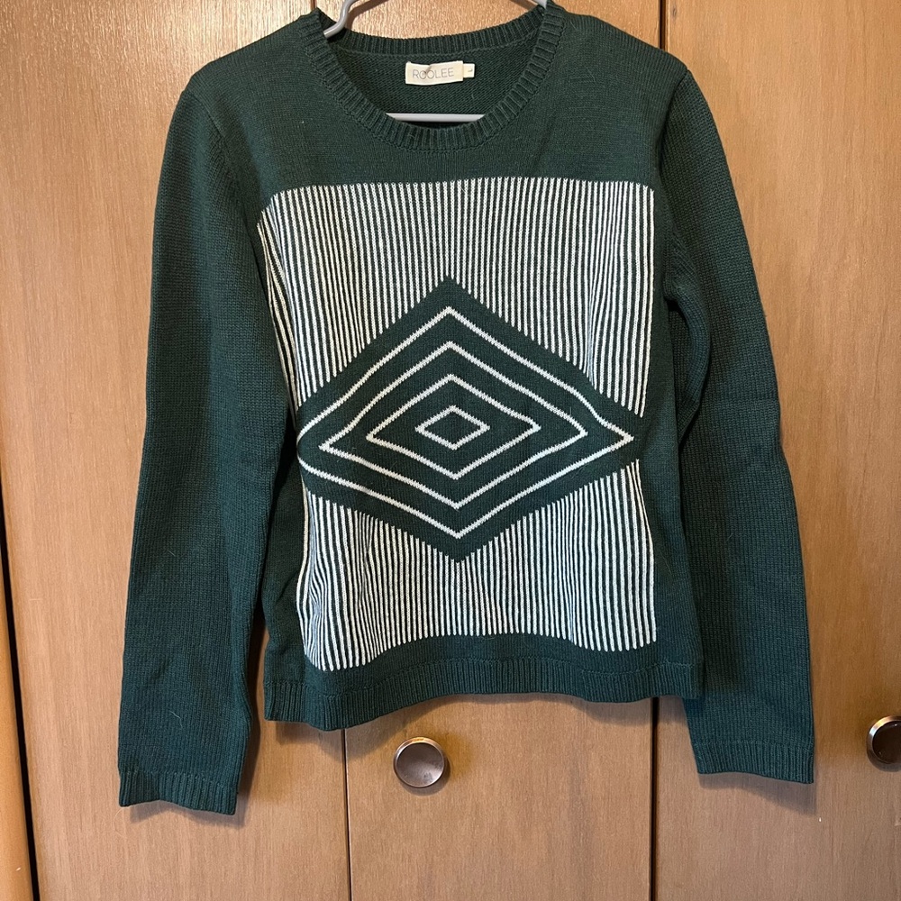 Roolee Forest Green and Cream Geometric Crew Neck Sweater